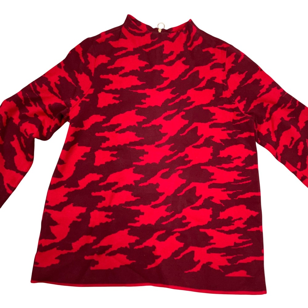 Chico's Sweater Women Large Red Burgundy Abstract Camo Zip Statement Festive